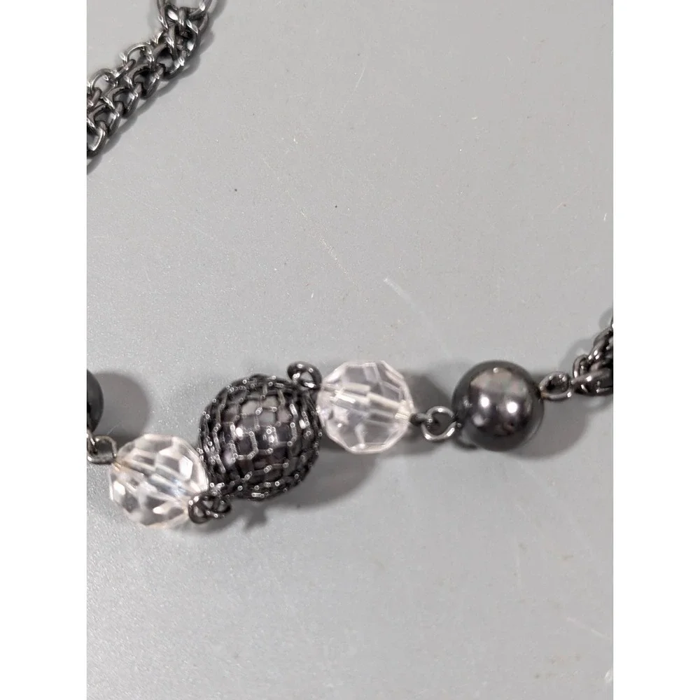 Gunmetal Black & Clear Beaded Necklace Faceted Acrylic Long‎ Layering 30 in
